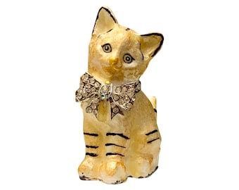 Tabby Cat Jeweled Bow Collectible Hinged Keepsake Trinket 